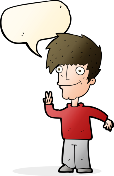 Bir insan tarafından çizilmiş konuşma balonuyla barış işareti yapan çizgi film adamı.