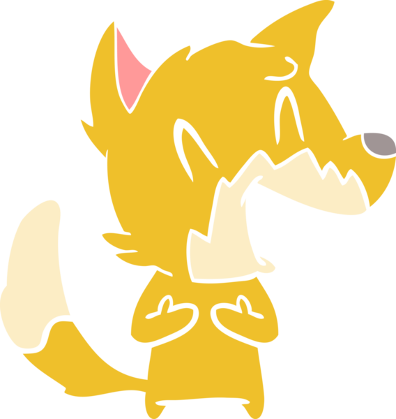 Bir insan tarafından çizilmiş gülen tilki düz renkli çizgi film.