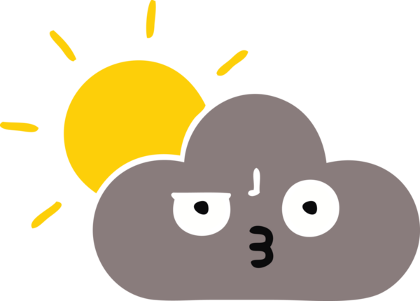 Bir fırtına bulutu ve bir insan tarafından çizilen güneşin düz renkli retro karikatürü