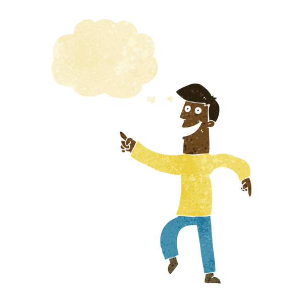 Bir insan tarafından çizilmiş düşünce baloncuğu ile sırıtan çizgi film adamı.