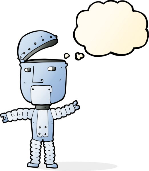 Bir insan tarafından çizilmiş düşünce baloncuklu çizgi film robotu