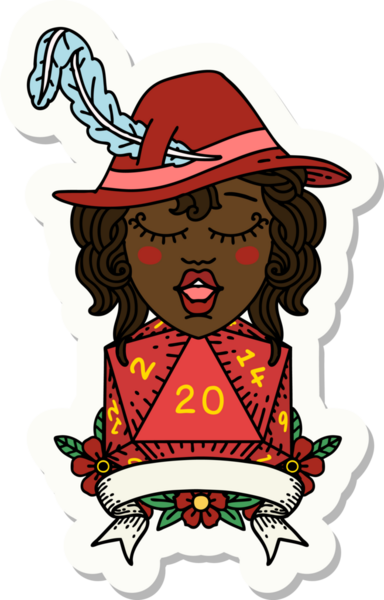 Bir insan ozan karakterinin çıkartması. Bir insan tarafından çizilmiş doğal 20 zar.