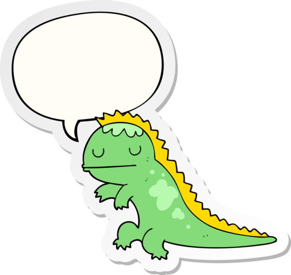 Bir insan tarafından çizilmiş konuşma balonu çıkartmalı karikatür dinozoru.