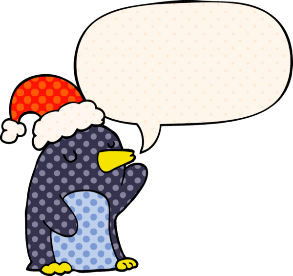 Bir insan tarafından çizilmiş çizgi roman tarzında konuşma balonu olan şirin bir penguen.