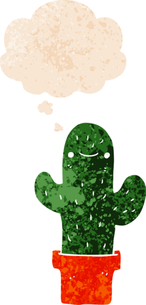 Düşünce baloncuğu olan çizgi film kaktüsleri bir insan tarafından çizilmiş dertli retro desenli.