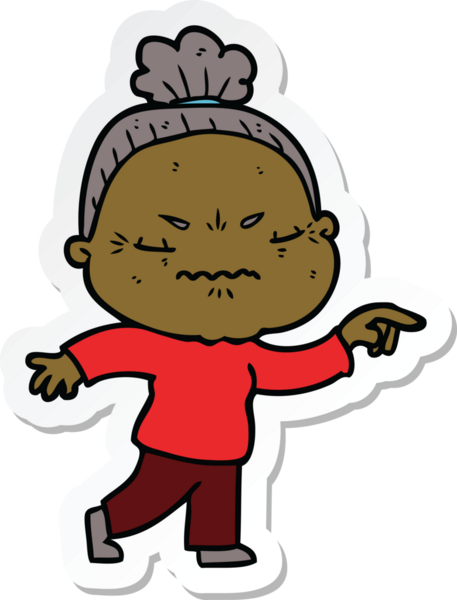 Çizgi film çıkartması. Bir insan tarafından çizilmiş yaşlı bir kadın.