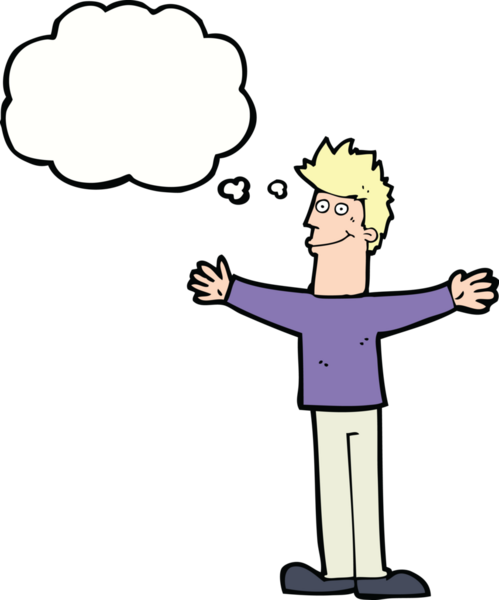 Bir insan tarafından çizilmiş düşünce balonlu mutlu adam çizgi filmi.