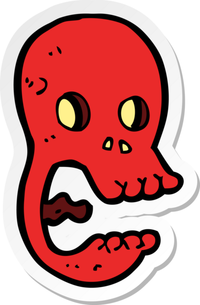 Bir insan tarafından çizilmiş komik bir kafatası çıkartması.