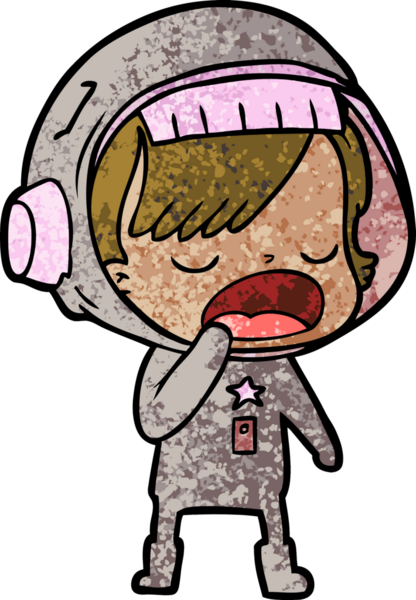 Bir insan tarafından çizilmiş esneyen astronot kadın.