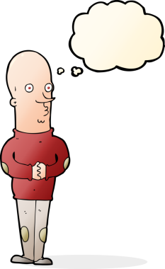 Bir insan tarafından çizilmiş düşünce balonlu komik kel adam.