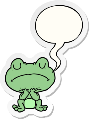 Bir insan tarafından çizilmiş konuşma kabarcığı çıkartmasıyla sabırla bekleyen çizgi film kurbağası.