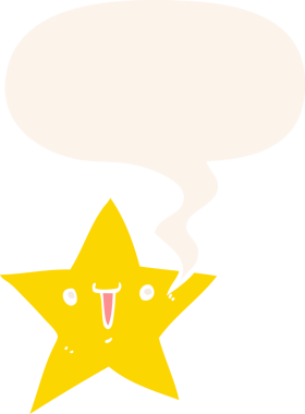 Konuşma baloncuğu olan sevimli çizgi film yıldızı bir insan tarafından çizilmiş.