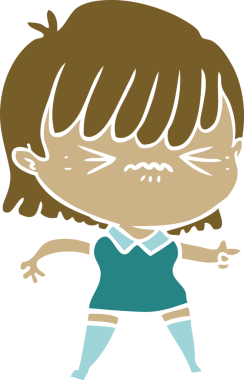 Bir insan tarafından çizilmiş düz renkli çizgi film kızı.