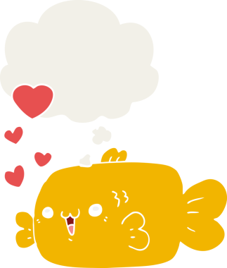 Sevgi dolu karikatür balığı. Düşünce baloncuğu insan tarafından çizilmiş.