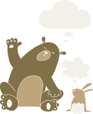 Düşünce baloncuğu olan çizgi film ayıları ve tavşan arkadaşları insan tarafından çizilmiş.