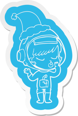 Bir insan tarafından çizilmiş Noel Baba şapkası giyen güzel astronot bir kızın garip çizgi film çıkartması.