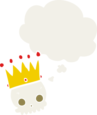 Düşünce baloncuğu ile taçlı karikatür kafatası insan tarafından çizilmiş.