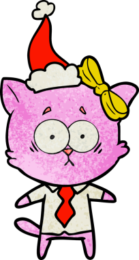 Bir insan tarafından çizilmiş Noel Baba şapkası takan bir kedinin el çizimi karikatürü.