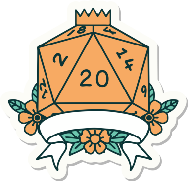 Bir insan tarafından çizilmiş 20 kritik vuruşluk D20 zar etiketi.