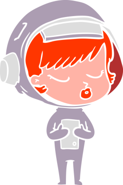 Düz renkli çizgi film. Bir insan tarafından çizilmiş güzel astronot kız.