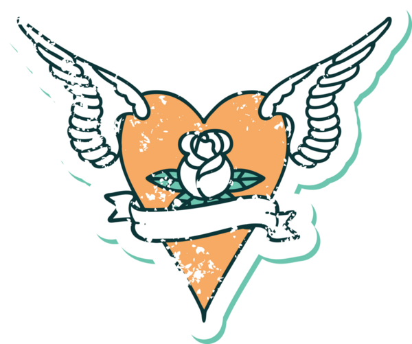 Bir insan tarafından çizilmiş çiçek ve pankartıyla uçan bir kalbin sembolik dövmeli resmi.