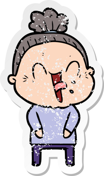 Bir insan tarafından çizilmiş mutlu, yaşlı bir kadının sıkıntılı çıkartması.