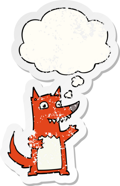 Düşünce baloncuğu olan karikatür kurdu, bir insan tarafından çizilmiş yıpranmış bir çıkartma.