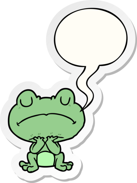 Bir insan tarafından çizilmiş konuşma kabarcığı çıkartmasıyla sabırla bekleyen çizgi film kurbağası.