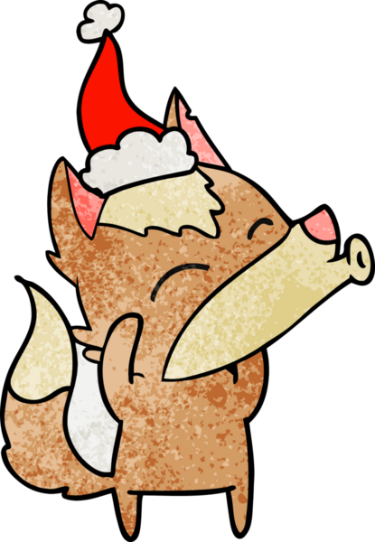 Uluyan kurt eli bir insan tarafından çizilmiş Noel Baba şapkası çizilmiş.