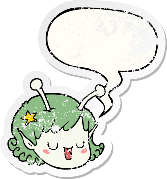 Uzaylı uzaylı kız yüzü, bir insan tarafından çizilmiş kederli eski bir çıkartma.