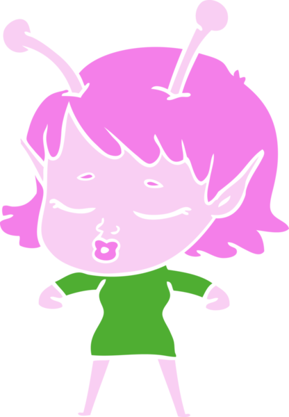 Tatlı uzaylı kız düz renkli çizgi film bir insan tarafından çizilmiş.