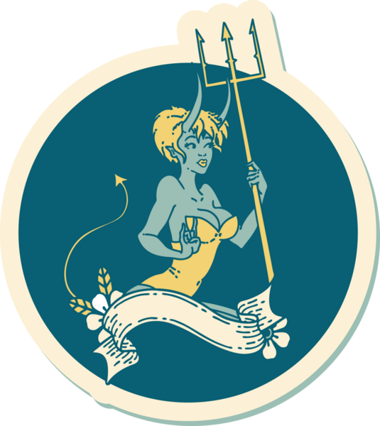 Geleneksel stil dövme çıkartması. Bir insan tarafından çizilmiş afişi olan şeytan bir kız.