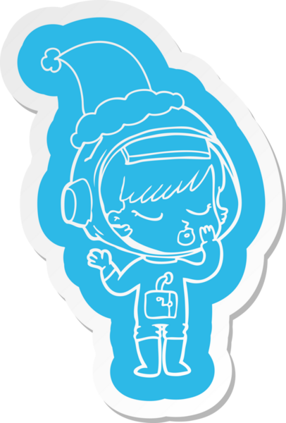 Bir insan tarafından çizilmiş Noel Baba şapkası giyen güzel astronot bir kızın garip çizgi film çıkartması.