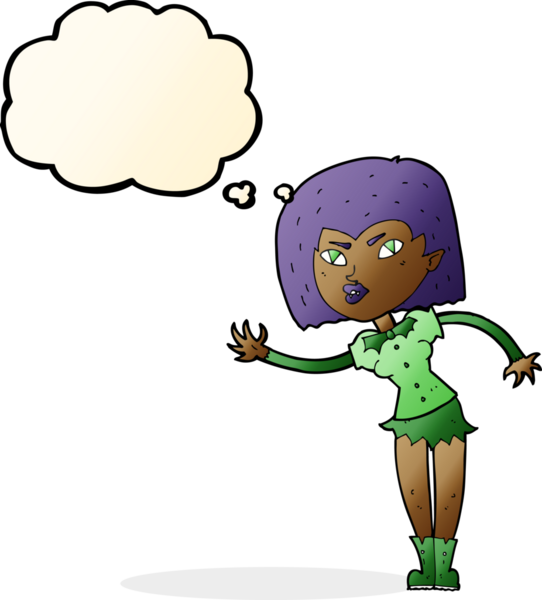 Bir insan tarafından çizilmiş düşünce balonlu vampir kız.