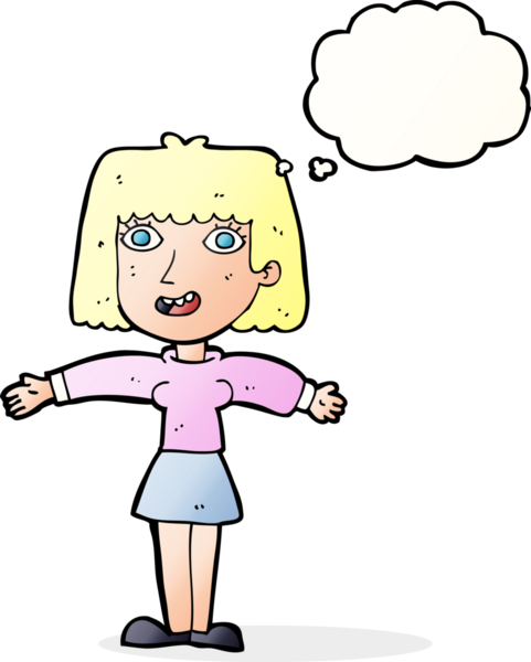 Bir insan tarafından çizilmiş düşünce baloncuğu olan heyecanlı bir kadın.