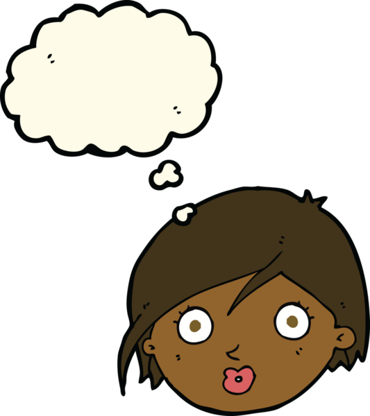 Bir insan tarafından çizilmiş düşünce baloncuğuyla kadın yüzünü şaşırtan çizgi film.