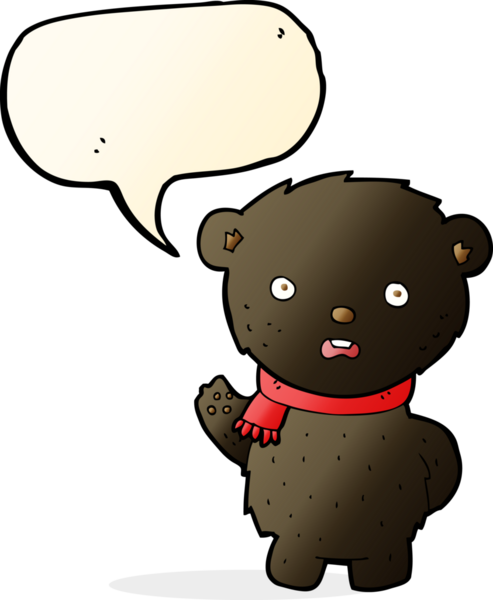 Bir insan tarafından çizilmiş konuşma balonlu eşarp takan siyah ayı çizgi filmi.