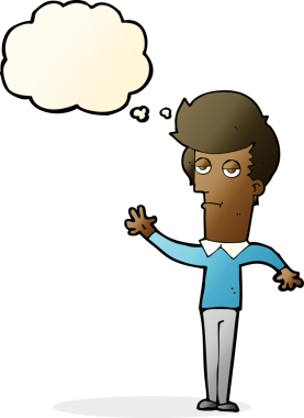 Bir insan tarafından çizilmiş düşünce baloncuğuyla el sallayan sıkıcı bir adam.