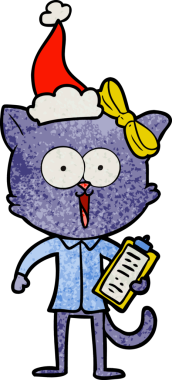 Bir insan tarafından çizilmiş Noel Baba şapkası takan bir kedinin el çizimi karikatürü.