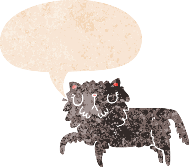 grunge 'da konuşma balonu olan çizgi film kedisi bir insan tarafından çizilmiş dertli retro desenli