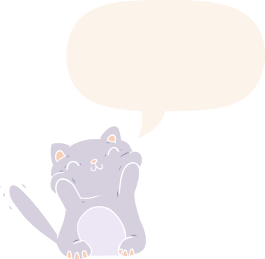 Bir insan tarafından çizilmiş konuşma baloncuğu olan çok mutlu bir çizgi film kedisi.