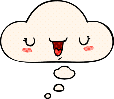 Bir insan tarafından çizilmiş çizgi roman şeklinde düşünce baloncuğu olan sevimli mutlu yüz karikatürü.