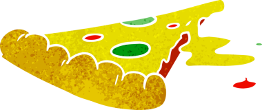 Bir insan tarafından çizilmiş bir dilim pizzanın retro karikatürü.