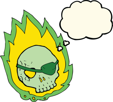 Bir insan tarafından çizilmiş düşünce kabarcığıyla yanan kafatası.