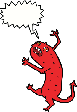 Bir insan tarafından çizilmiş konuşma balonu olan küçük bir canavar.