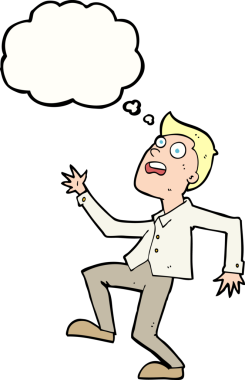 Bir insan tarafından çizilen düşünce baloncuğuyla panikleyen çizgi film adamı.