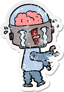 Bir insan tarafından çizilmiş, karikatür ağlayan robot çıkartması.