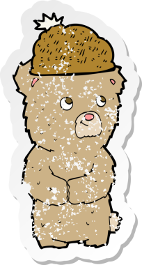 Bir insan tarafından çizilmiş şapkalı çizgi film ayısının gerilimli çıkartması.