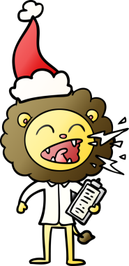 Bir insan tarafından çizilmiş Noel Baba şapkası giymiş kükreyen bir aslan doktorun el çizimi karikatürü.