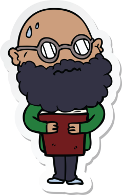 Bir insan tarafından çizilmiş sakallı ve gözlüklü endişeli bir karikatür çıkartması.